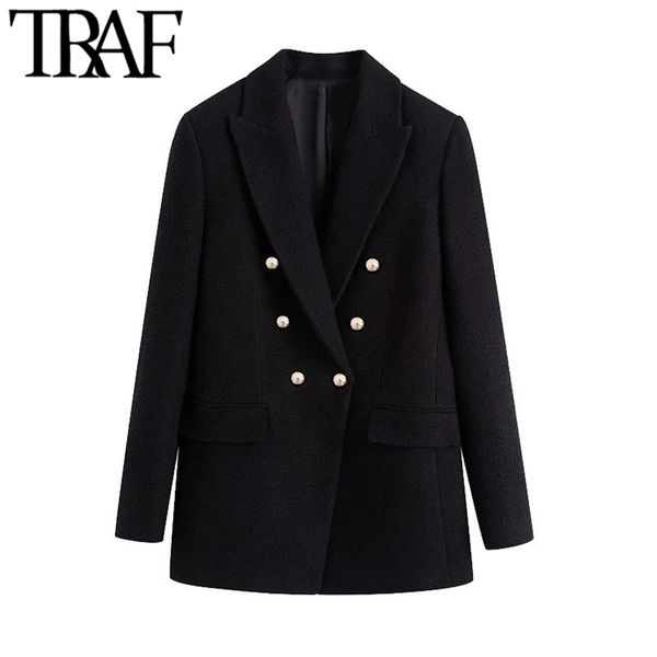 

traf women fashion office wear double breasted tweed blazer coat vintage long sleeve pockets female outerwear chic 210930, White;black