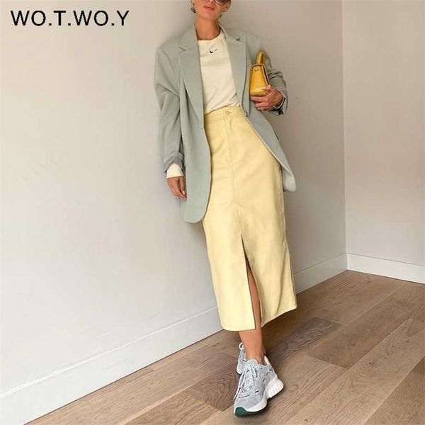 

wotwoy high waist fleece front split leather skirt women autumn winter straight solid midi skirts female office lady faldas 211124, Black