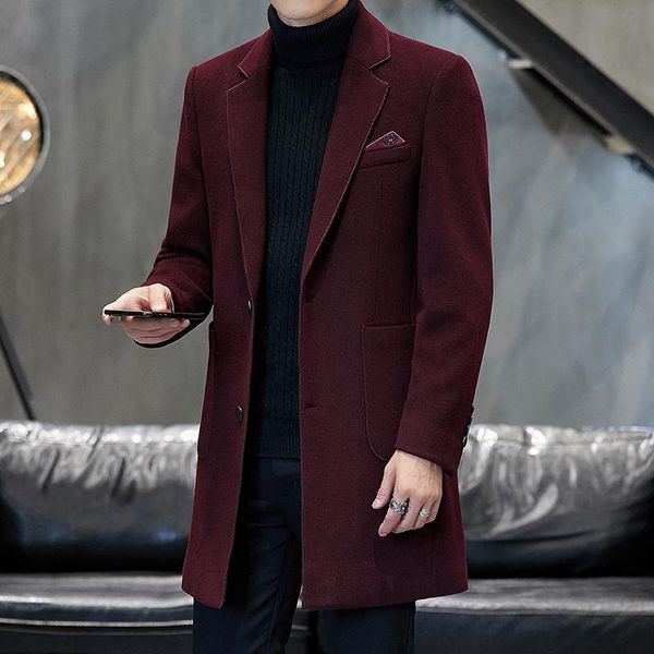 

men's pure color fashion jackets winter casual overcoat wool coat men long sections woolen coats abrigo largo hombre, Black