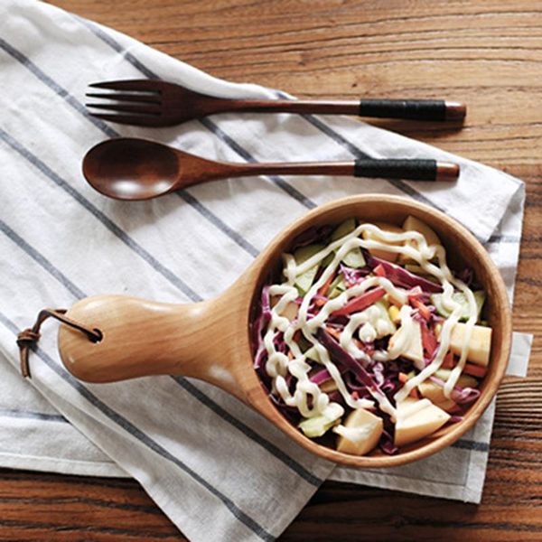 

bowls 1 pc long handled bowl beech wood color fruit pizza water scoop baked pastry simple solid tableware supplies