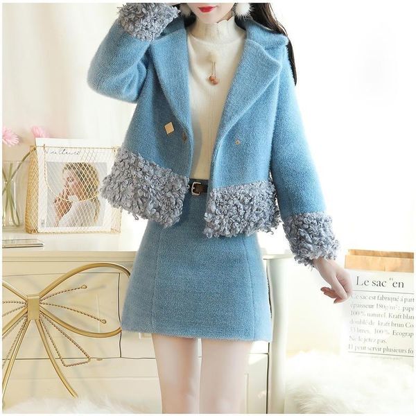 

women's fur & faux 2021 small autumn and winter lamb thickened woolen jacket, western style skirt, fashionable two piece suit for women, Black