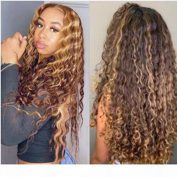 

curly human hair wig honey blonde ombre brazilian brown color deep water wave hd full frontal highlight bob lace part wigs, Black;brown