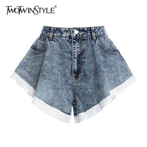 

twotyle elegant women denim shorts high waist patchwork hit color ruffles for female fashion clothes summer 210809, Blue