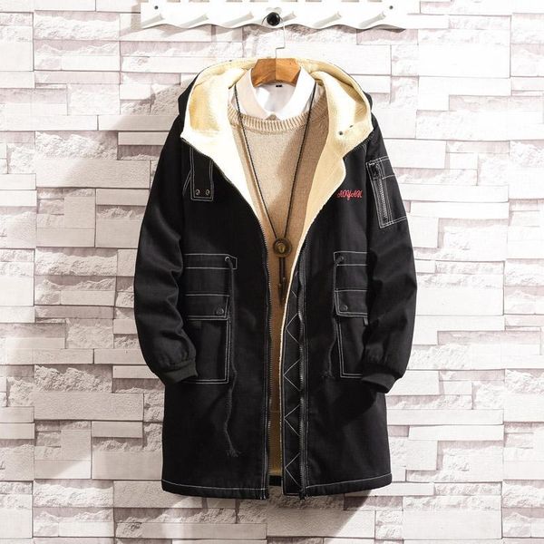 

thick men parkas winter fleece loose jackets mens hooded coat casual warm long outwear male brand cotton-padded clothes1, Black