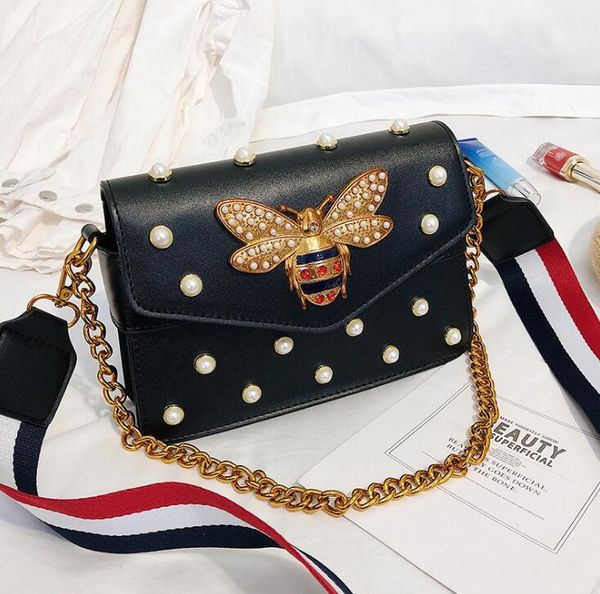 

factory wholesale women handbag exquisite diamond chain bag sweet lady pearl decoration womens shoulder bags striped wide shoulders strap fa, Black;red