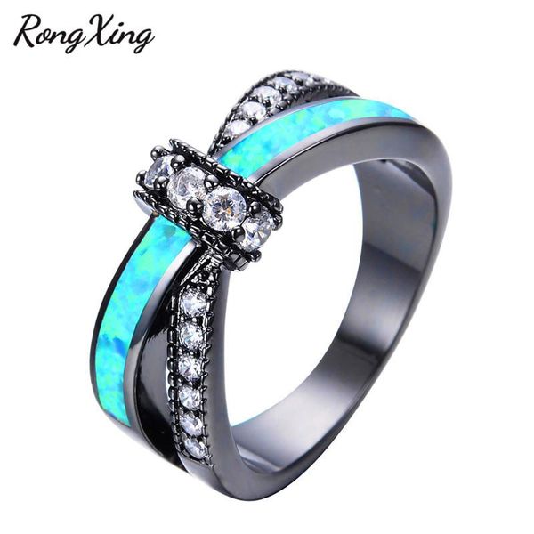 

wedding rings rongxing charming green fire opal crossed for women vintage black gold filled white cz ring fashion jewelry rb1342, Slivery;golden