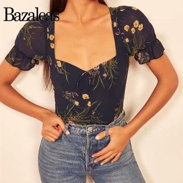 

bazaleas france floral print navy women blouse vintage slim elastic elegant blusas mujer de moda 2021, White