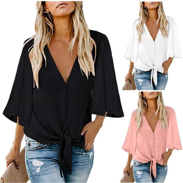

womens shirt casual fashion style summer new womens v-neck shirt ruffled sleeve chiffon shirt for women, White