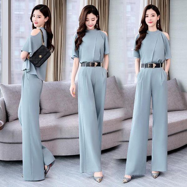 

women's tracksuits summer women two pieces set elegant blouse and woman's wide leg pants trousers suit, Gray