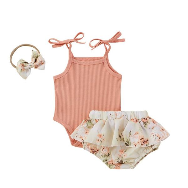 

clothing sets infant born girls 3 pcs outfits suits, sling sleeveless romper + printed shorts headband, White