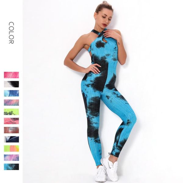 

tight tie-dye jacquard jumpsuit bubble women yoga set slim hip lifting sling sports suits for fiteness home exercise clothing, White;red