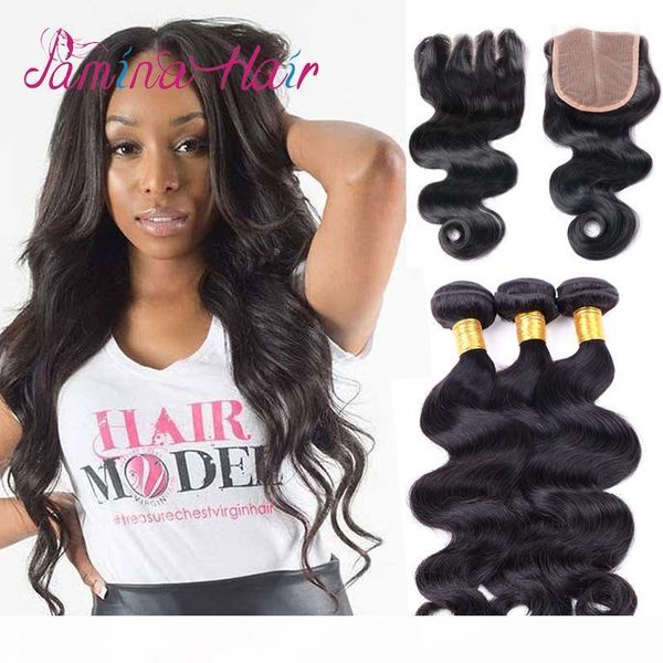 

lace closures with 3 bundles brazilian virgin hair weaves malaysian indian peruvian cambodian brazillian body wave remy human hair wefts, Black