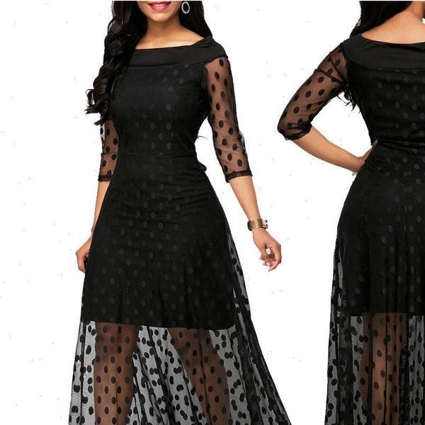 

women see through dots printed o neck elegant lace long dress maxi autumn winter evening party dresses vestidos plus size, Black;gray
