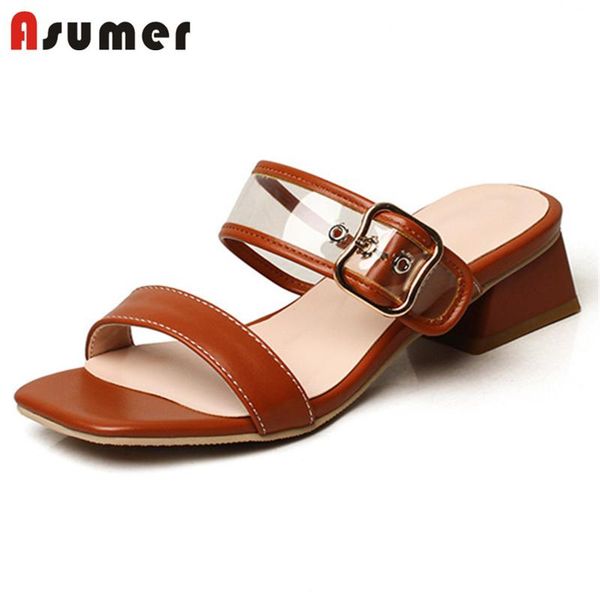 

sandals asumer 2021 arrive med heel casual shoes women pu +pvc transparent summer simple mules, Black