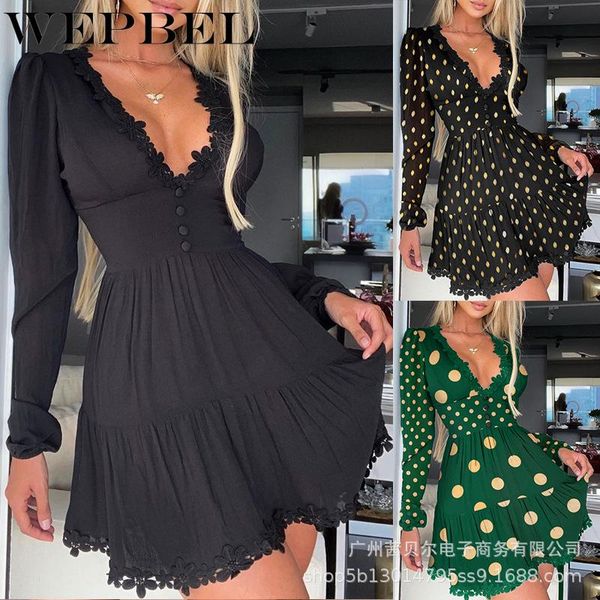 

wepbel women elegant deep v neck lace patchwork dress ladies long sleeve dot print corset single breasted mini dress, Black;gray