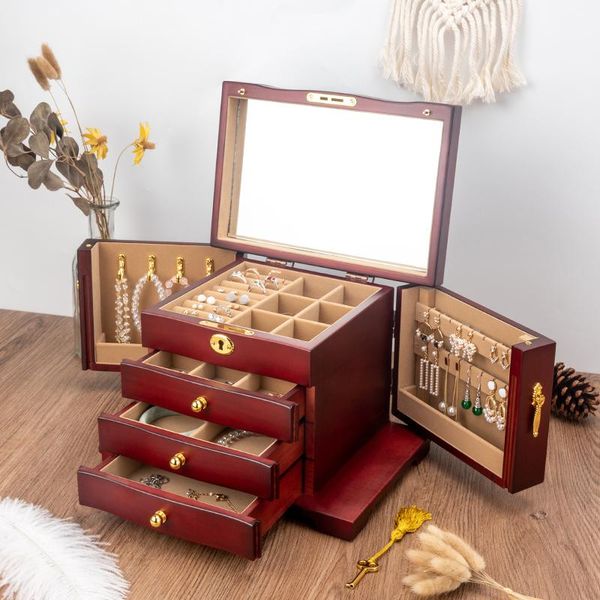 

jewelry pouches, bags double-door storage box, multi-layer large-capacity high-end exquisite european style antique display box, Pink;blue