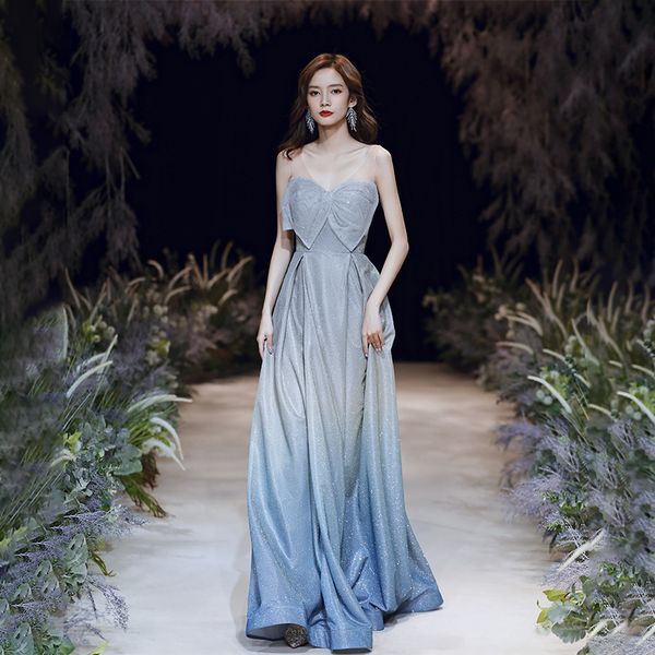 

Fantasy Gradient Starry Host Evening Dress Sexy Deep V Neck Sleeveless Pageant Party Gown Female Banquet Lange Jurk, Single dress