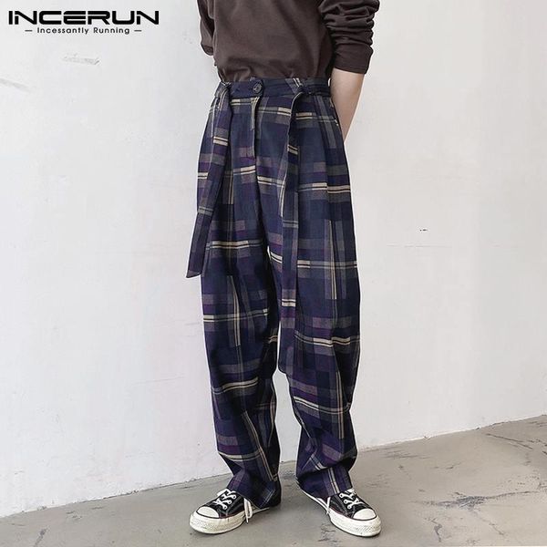 

men's pants incerun men casual korean style plaid wide leg trouser man loose lace up bottoms fashion high waist zipper pantalones 5xl, Black
