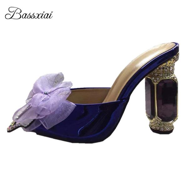 

sandals diamond lace mesh air butterfly-knot women jeweled rhinestone high heel patent leather slingbacks runway mules lady, Black