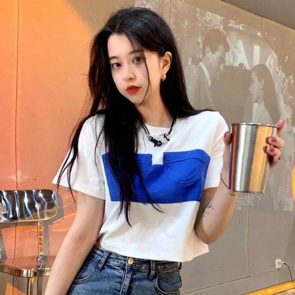 

women's t-shirt summer fashion shirt color contrast stitching short sleeve cotton t women base o-neck black tees funny girls tshirt, White