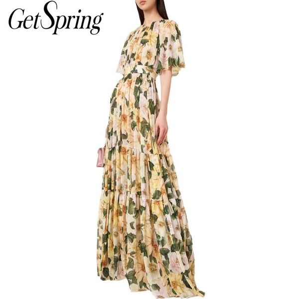 

getspring women dress temperament printed es short sleeve bow tie fairy maxi pleated high waist long summer es 210601, Black;gray