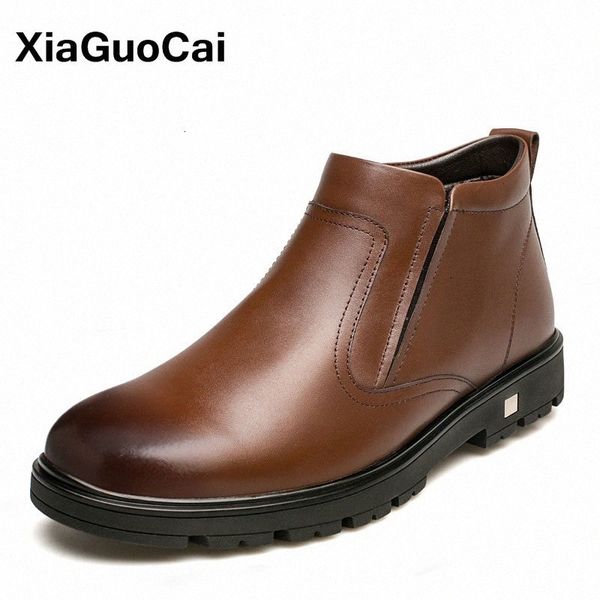

winter men leather ankle boots with fur solid color warm casual men snow boots fathers shoes high comfortable mans footwear r0sa#, Black