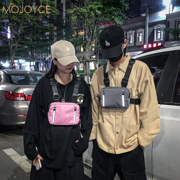

square backpack chest bag nylon vest reflective pouch hip hop streetwear black waist pack for daily leisure shopping