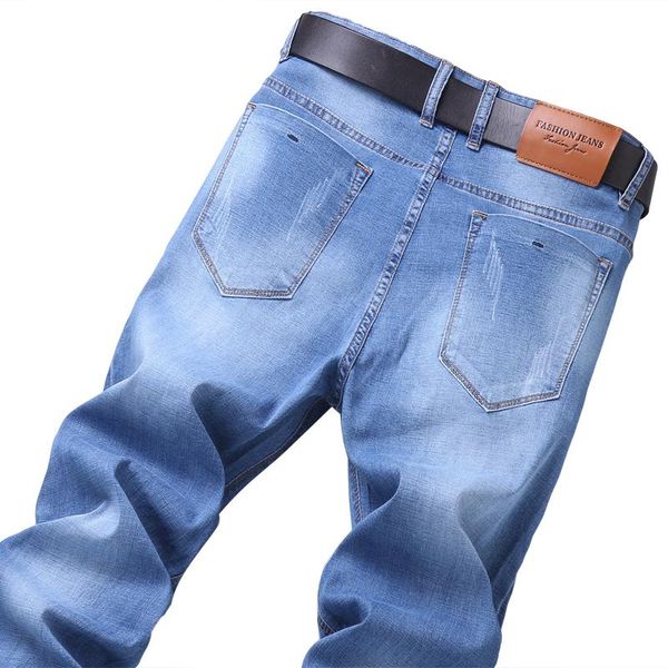

men's jeans 2021 spring summer light blue cotton stretch lightweight moustache effect fashion classic brand slim straight
