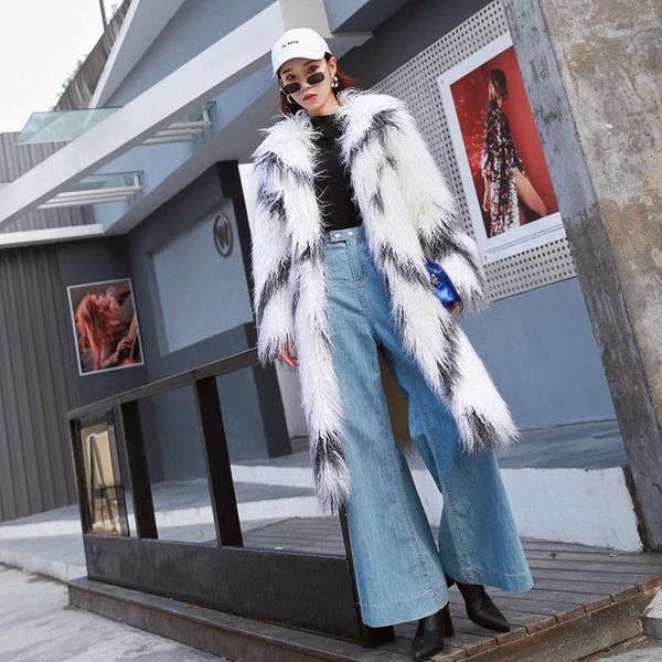 

women's fur & faux women winter street style fashion lapel coat ladies warm long black and white plush soft parkas zy28