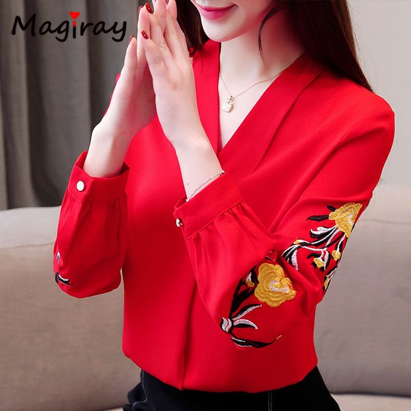 

2021 new magiray spring summer plus size chiffon blouse women long sleeve floral embroidery elegant office lady shirt v neck c78 s7sq, White
