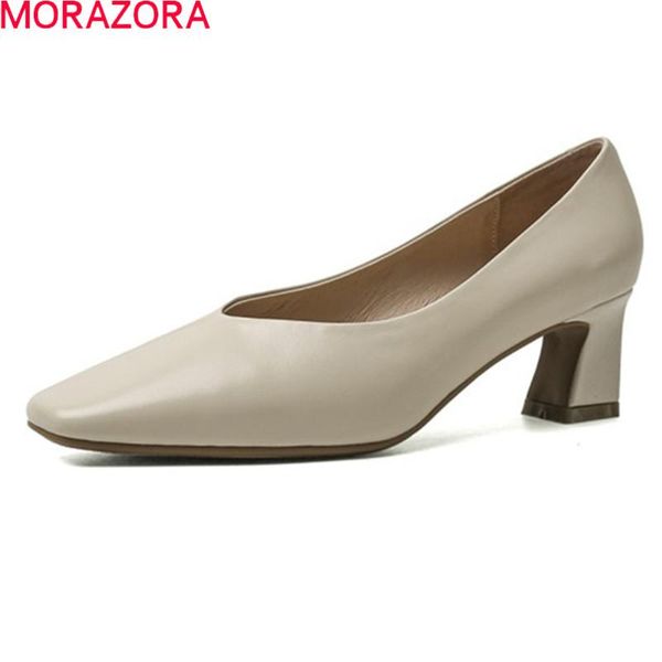 

dress shoes morazora 2021 arrival women pumps thick heels square toe shallow office summer genuine leather, Black