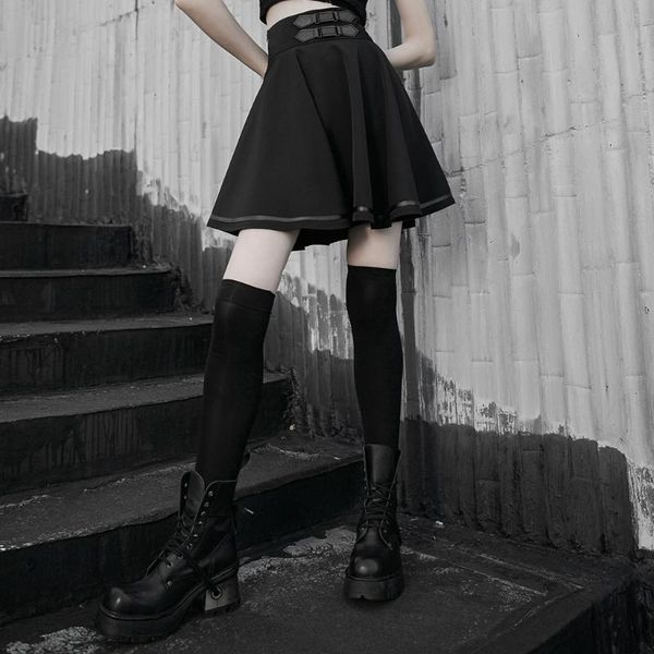 

skirts punkrave women's high waist belt skirt punk daily pleated mini, Black