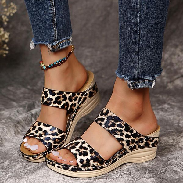 

slippers rimocy women summer wedges leopard platform open toe beach slides shoes woman plus size outdoor casual sandals 2021, Black