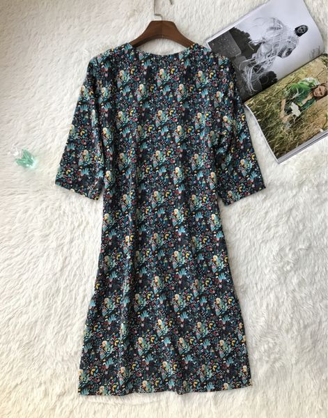 

2021 new feminino 100% seda floral impresso verde de trs quartos manga francs doce fresco mini vestido vert robe bafs, Black;gray