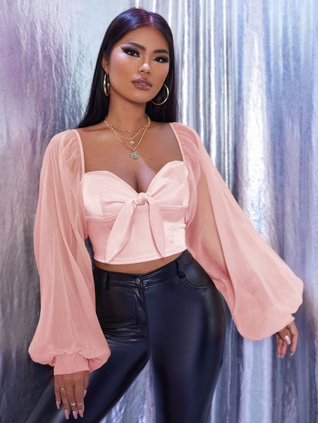 

mesh puff sleeve tie front j4lt#, White