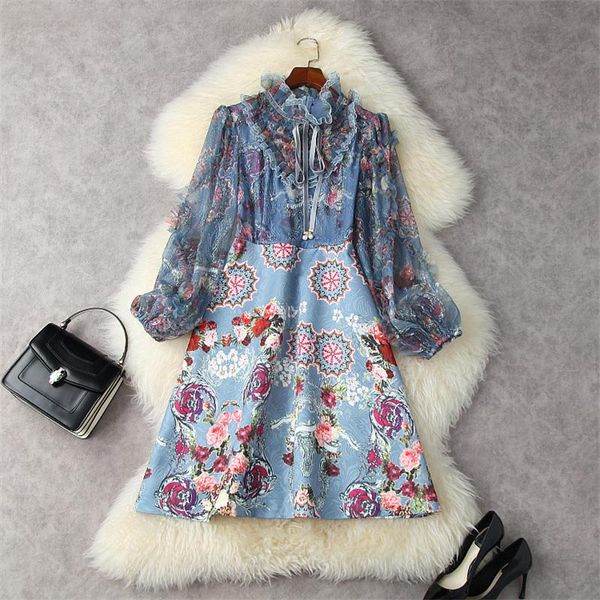 

casual dresses arrival autumn for women runway fashion clothes 2021 ruffled collar lace patchwork print vintage vestidos, Black;gray