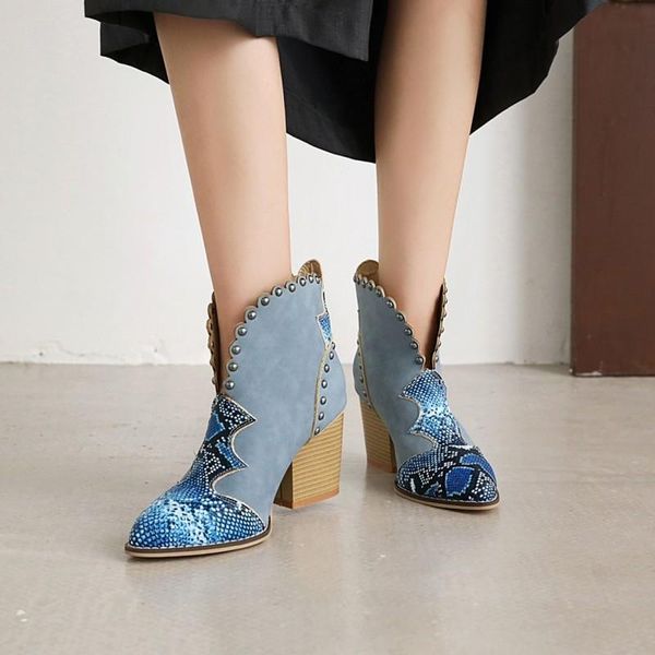 

boots female autumn lace rivet cowboy ankle women wedge high heel booties snake print pointed toe western patchwork shoes, Black