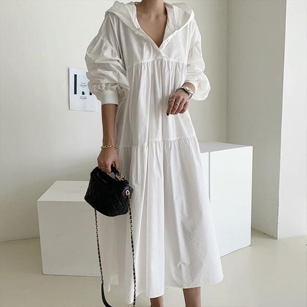 

[ewq] minimalism lantern sleeve korean womens dress spring autumn chic hooded collar casual ladies runway, Black;gray