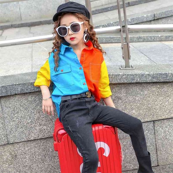 

fashion color matching active shirts sring and autumn full turn-down collar patchwork children'd clothing kids clothes 210713, White;black