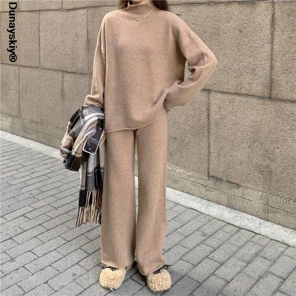 

women's two piece pants autumn and winter loose lazy style long-sleeved sweater + wool wide-leg suit women knitting 2 pieces set, White