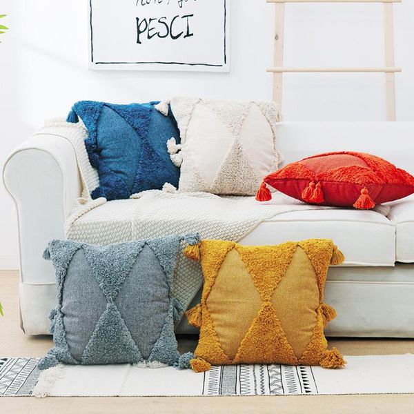 

adorehouse hand-embroidered tufting pillowcase american solid color moroccan geometric tassel cushion pillow cover pillow case