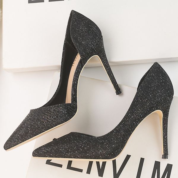 

9288-2 wind stiletto high heel glossy shallow mouth pointed side hollow nightclubs thinner pumps womens high heels, Black