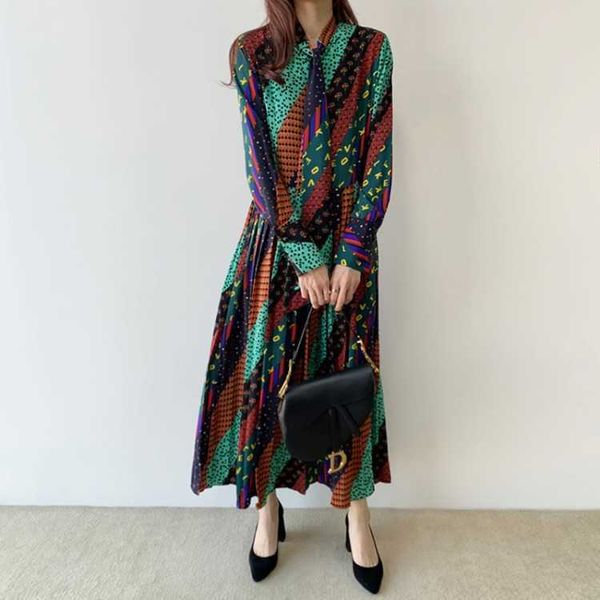 

chic korean retro pattern twill print lace up bow long full dresses for women 210615, Black;gray