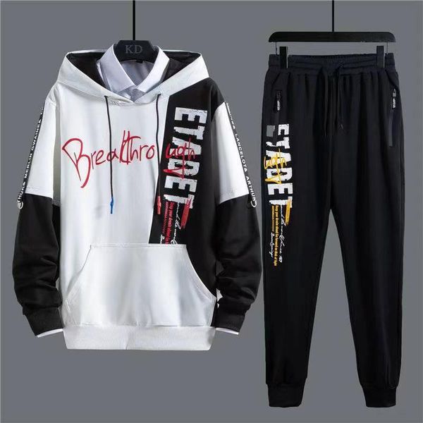 

men's tracksuits men patchwork printing 2 piecs sweat suits sweatshirts sweatpants sets sports clothing mens joggers set outfits, Gray