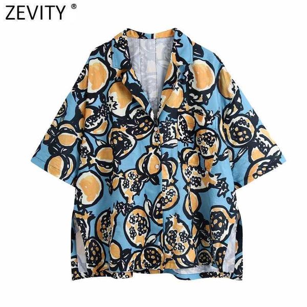 ZEVITY Kadınlar Vintage Soyut Resim Baskı Doku Bluz Kadın Yan Bölünmüş Kimono Gömlek Roupas Chic Gevşek Chemise Tops LS9142 210603