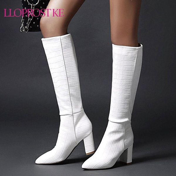 

boots lloprost ke elegant girl solid pointed toe knee high heels women brand classic party shoes woman for 2021 winter, Black