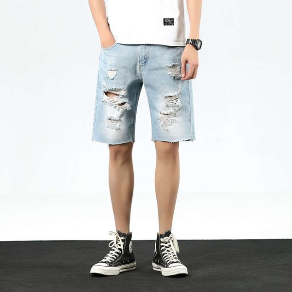 

denim shorts men's wear fashion brand ins summer thin elastic slim hole capris trend light color beggar 5, Blue