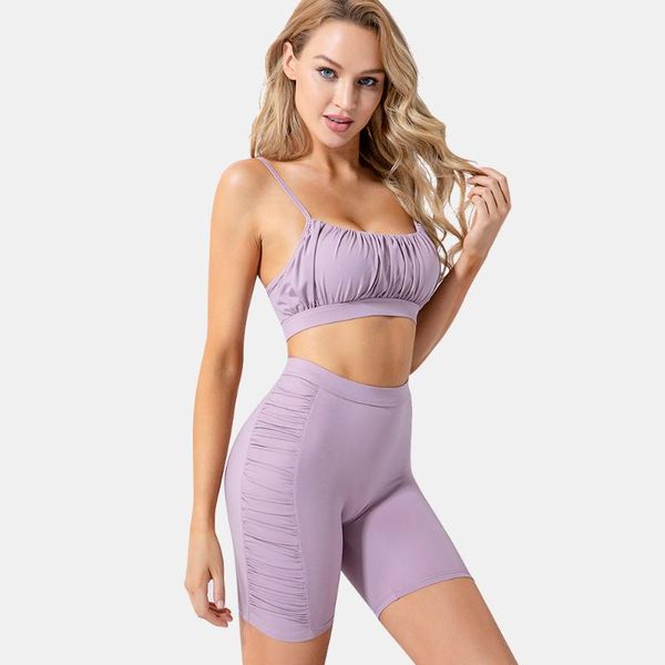 

yoga outfits wrinkle design sports shorts & bra women 2 pcs running set 2021 elastic quick-drying training, White;red