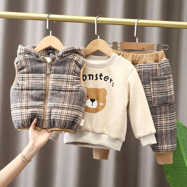 

clothing sets boys thick clothes winter children cotton velvet vest coats pants 3pcs tracksuits for baby kids warm snow wear suits outfit, White