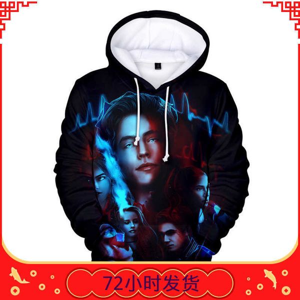 

popular american drama valley town 3d digital printing loose hooded sweater trend, Black
